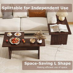 Modular Coffee Table Set of 2 L Shaped Center Tables for Small Space-Walnut