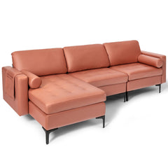 97 in L Shaped 3 Seat Sectional in Coral Leather Look Fabric with a 46.5 in Chaise to Lie On