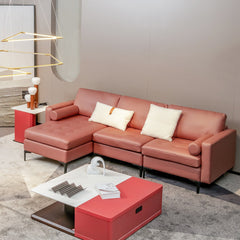 97 in L Shaped 3 Seat Sectional in Coral Leather Look Fabric with a 46.5 in Chaise to Lie On