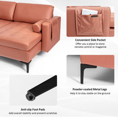 97 in L Shaped 3 Seat Sectional in Coral Leather Look Fabric with a 46.5 in Chaise to Lie On