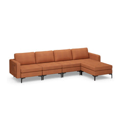 123 in L Shaped 4 Seat Sectional in Burnt Orange Linen with an 85 in Seat and Removable Ottoman