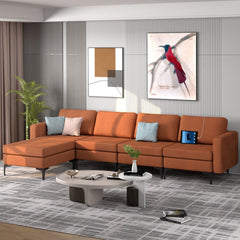 123 in L Shaped 4 Seat Sectional in Burnt Orange Linen with an 85 in Seat and Removable Ottoman