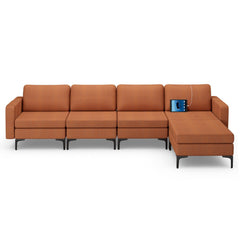 123 in L Shaped 4 Seat Sectional in Burnt Orange Linen with an 85 in Seat and Removable Ottoman