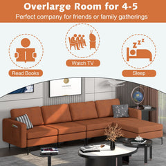 123 in L Shaped 4 Seat Sectional in Burnt Orange Linen with an 85 in Seat and Removable Ottoman