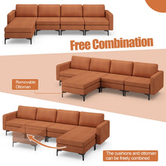 123 in L Shaped 4 Seat Sectional in Burnt Orange Linen with an 85 in Seat and Removable Ottoman