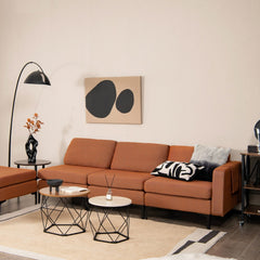 123 in L Shaped 4 Seat Sectional in Burnt Orange Linen with an 85 in Seat and Removable Ottoman