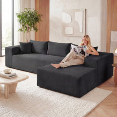 86 in Black Corduroy L Shaped Sectional with an Anti Slip Base, 39.5 in Seat and No Legs