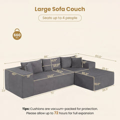 86 in Grey Corduroy L Shaped Sectional, 39.5 in Deep Seat and a 58.5 in Chaise, Seats 4
