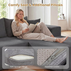 86 in Grey Corduroy L Shaped Sectional, 39.5 in Deep Seat and a 58.5 in Chaise, Seats 4