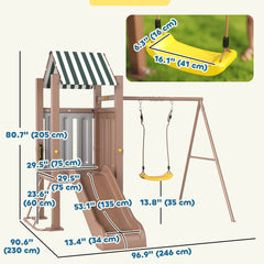 4-in-1 Kids Swing Set for Playground with Slide, Covered Fort, Climbing Ladder, Ground Stakes, for Kids Ages 3-8, Brown