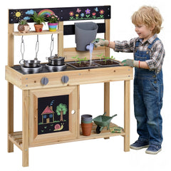 Mud Kitchen Playset Kids Play Kitchen Outdoor with 2 Removable Sinks-Natural