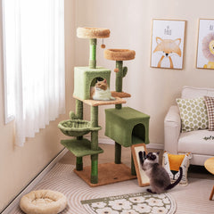 63 Inch Cactus Cat Tree with Two Condos, a Ramp and a Hanging Basket