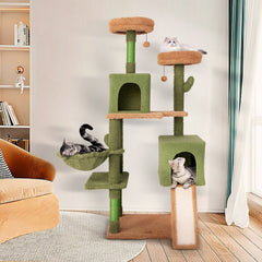 63 Inch Cactus Cat Tree with Two Condos, a Ramp and a Hanging Basket