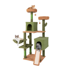 63 Inch Cactus Cat Tree with Two Condos, a Ramp and a Hanging Basket