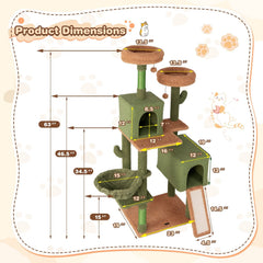 63 Inch Cactus Cat Tree with Two Condos, a Ramp and a Hanging Basket