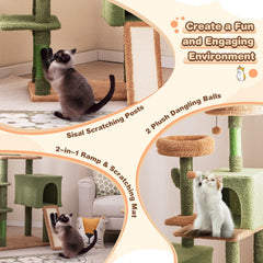 63 Inch Cactus Cat Tree with Two Condos, a Ramp and a Hanging Basket