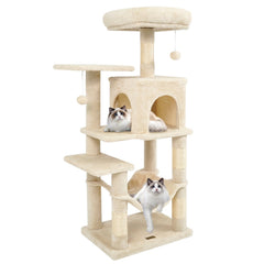 44 Inch Beige Cat Tower with a Two Door Condo, Hammock and Top Perch