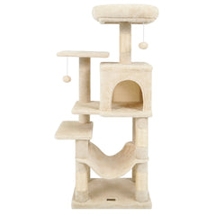 44 Inch Beige Cat Tower with a Two Door Condo, Hammock and Top Perch