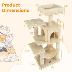 44 Inch Beige Cat Tower with a Two Door Condo, Hammock and Top Perch