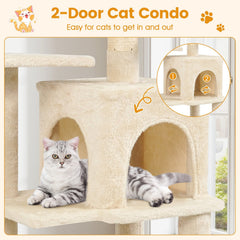 44 Inch Beige Cat Tower with a Two Door Condo, Hammock and Top Perch