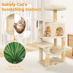 44 Inch Beige Cat Tower with a Two Door Condo, Hammock and Top Perch