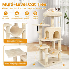 44 Inch Beige Cat Tower with a Two Door Condo, Hammock and Top Perch