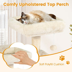 44 Inch Beige Cat Tower with a Two Door Condo, Hammock and Top Perch