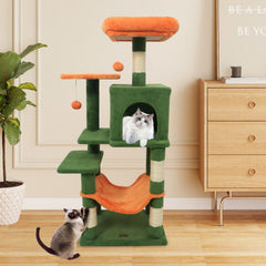 Forest Green Cat Tower 44 Inches with Orange Perch, Hammock and Condo