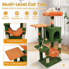 Forest Green Cat Tower 44 Inches with Orange Perch, Hammock and Condo