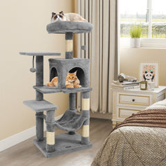 Light Grey Cat Tower 44 Inches with Five Levels and a Two Door Condo