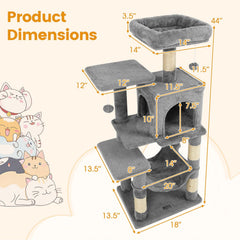 Light Grey Cat Tower 44 Inches with Five Levels and a Two Door Condo
