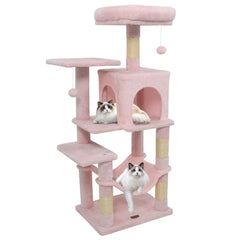 Pink Cat Tower 44 Inches with a Hammock, Condo and Two Hanging Balls