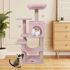 Pink Cat Tower 44 Inches with a Hammock, Condo and Two Hanging Balls