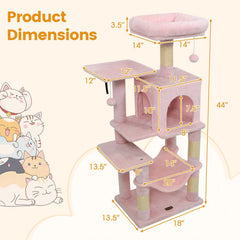Pink Cat Tower 44 Inches with a Hammock, Condo and Two Hanging Balls