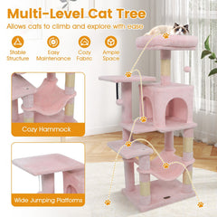 Pink Cat Tower 44 Inches with a Hammock, Condo and Two Hanging Balls