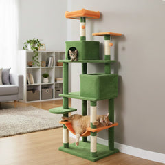 Green Cat Tower 75 Inches with Orange Hammock, Two Condos and Perch