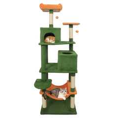 Green Cat Tower 75 Inches with Orange Hammock, Two Condos and Perch