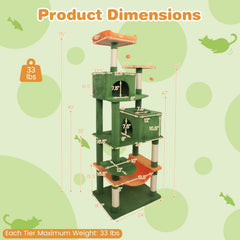 Green Cat Tower 75 Inches with Orange Hammock, Two Condos and Perch