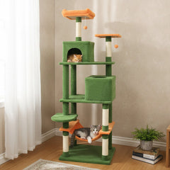 Green Cat Tower 75 Inches with Orange Hammock, Two Condos and Perch