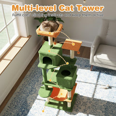 Green Cat Tower 75 Inches with Orange Hammock, Two Condos and Perch