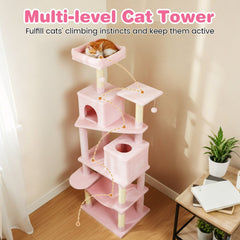 Pink Cat Tower 75 Inches with a Basket, Hammock and Two Condos