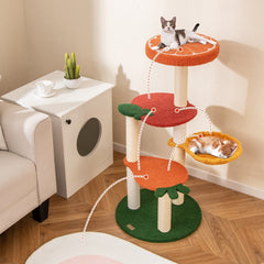 39 Inch Fruit Cat Tree with an Orange Top Perch and a Rotating Hammock