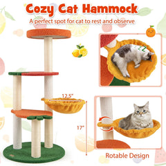 39 Inch Fruit Cat Tree with an Orange Top Perch and a Rotating Hammock