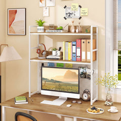 Multipurpose 2-Tier Desktop Bookshelf with Pegboard for up to 32 Inch Computer Monitor-Natural