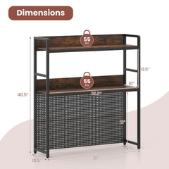 Multipurpose 2-Tier Desktop Bookshelf with Pegboard for up to 32 Inch Computer Monitor-Rustic Brown