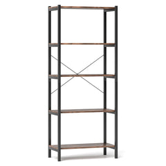 Industrial 5 Shelf Open Bookcase, Rustic Brown Wood with Black Metal Frame