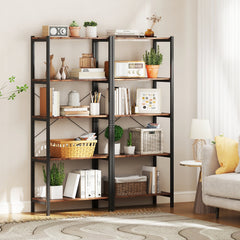 Industrial 5 Shelf Open Bookcase, Rustic Brown Wood with Black Metal Frame