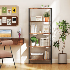 Industrial 5 Shelf Open Bookcase, Rustic Brown Wood with Black Metal Frame