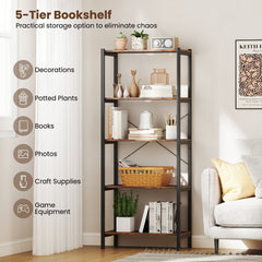 Industrial 5 Shelf Open Bookcase, Rustic Brown Wood with Black Metal Frame