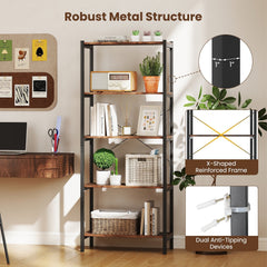 Industrial 5 Shelf Open Bookcase, Rustic Brown Wood with Black Metal Frame